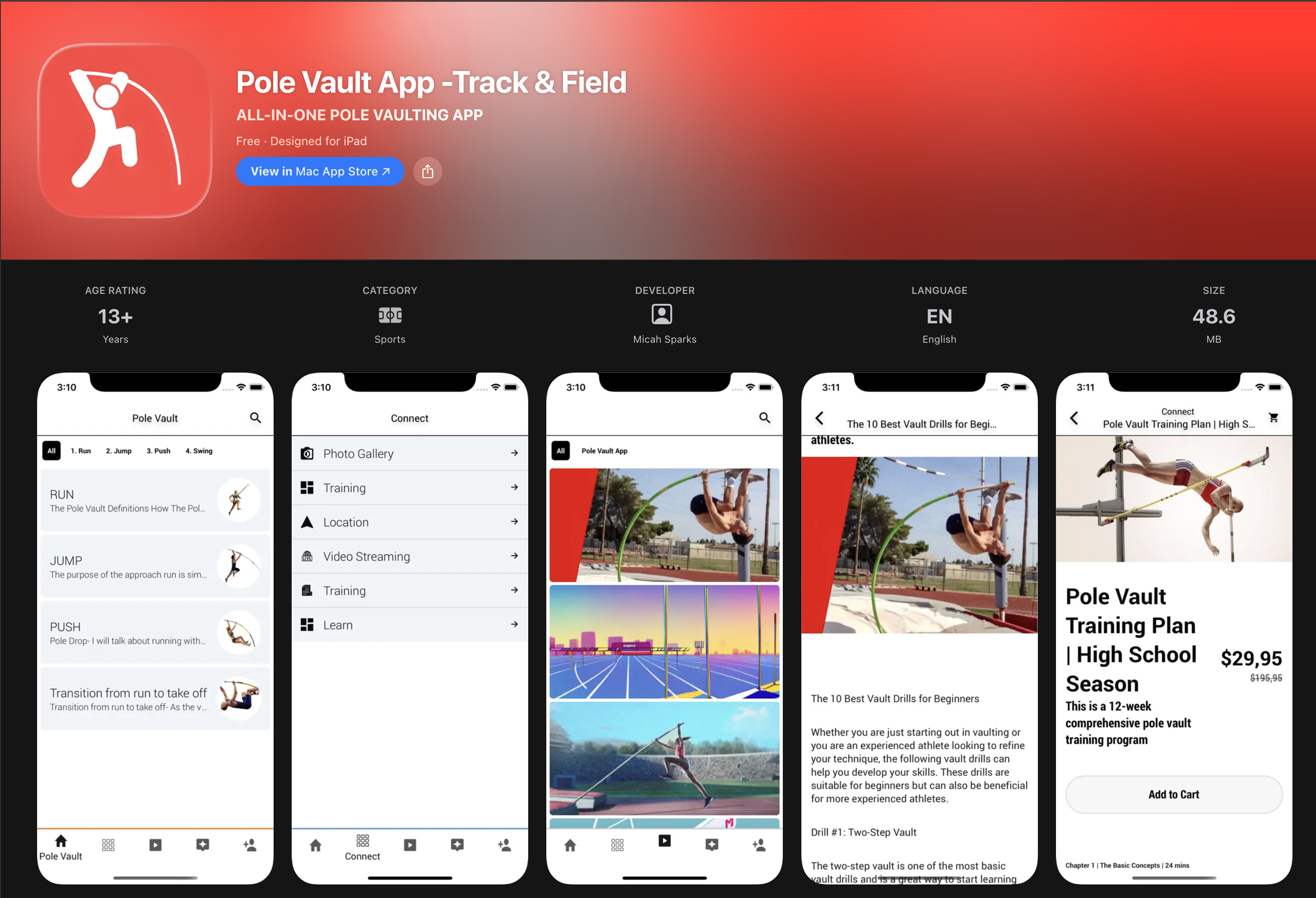Pole Vault App: Track & Field listing on the Apple App Store with five app screenshots