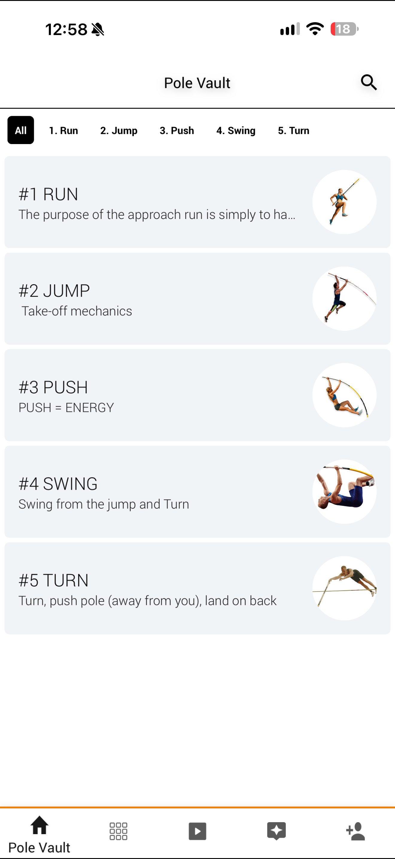 Pole Vault App home screen showing the five technique phases: Run, Jump, Push, Swing and Turn