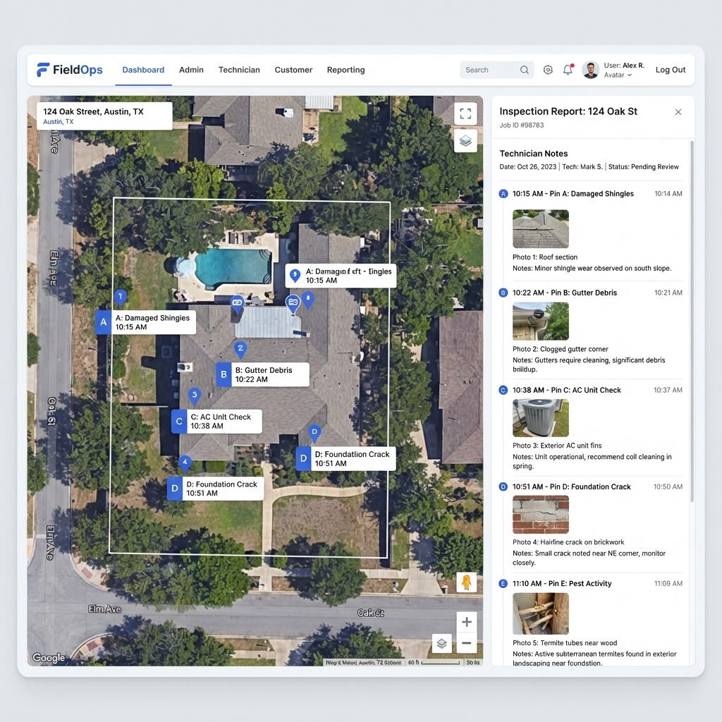 Scorpion Sweepers service platform showing a property map with GPS-tagged findings