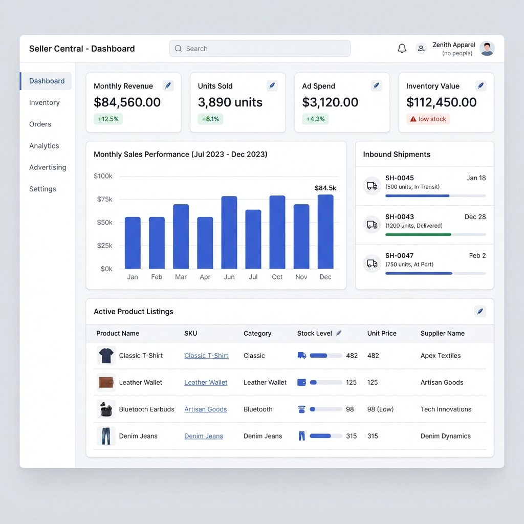 Sparks Goods e-commerce operations dashboard with inventory and sales