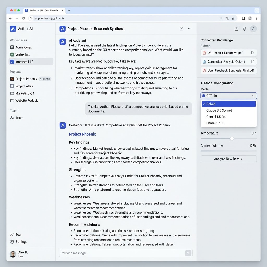 SparksFlow AI workspace interface showing multiple businesses and AI models sharing context